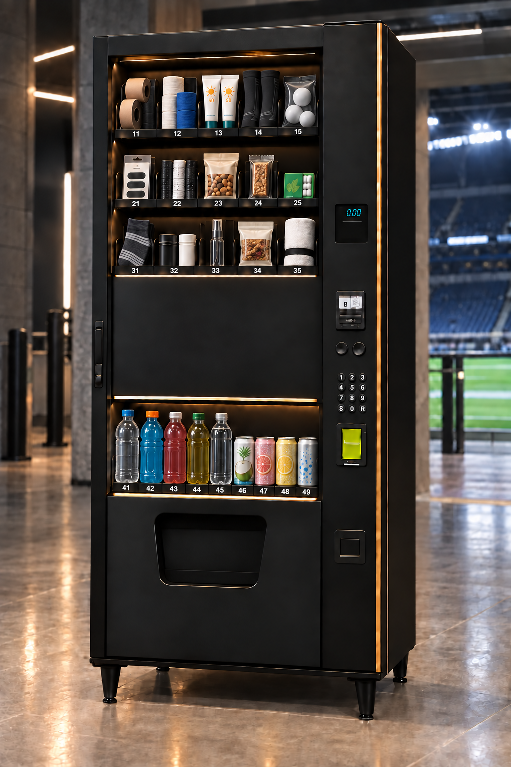 Concept of a charcoal Athlete Support Station stocked with resale hydration, snacks, tape, and athletic essentials. The station carries a small MotionWell logo and clear category labels.